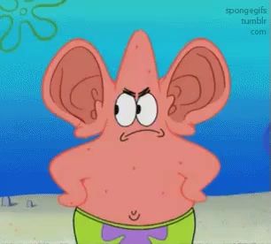 patrick star from spongebob has big ears and a purple bow around his waist