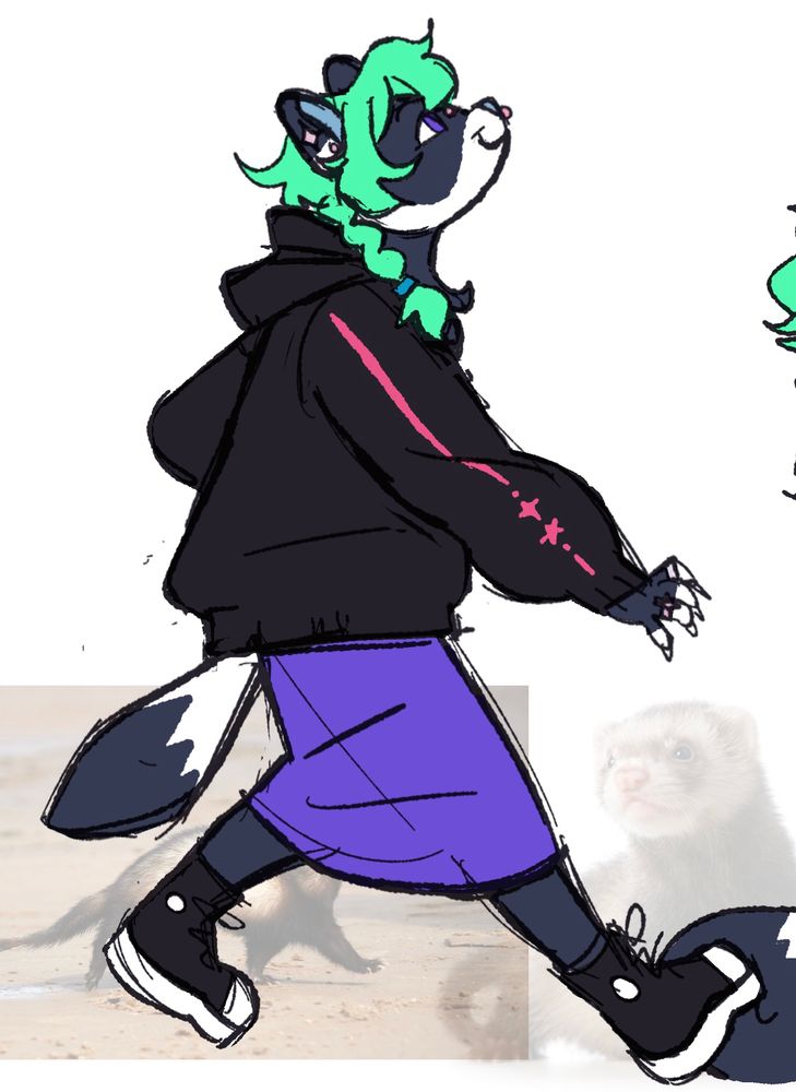 the anthro ferret girl running while looking into the sky after a reference of a real ferret