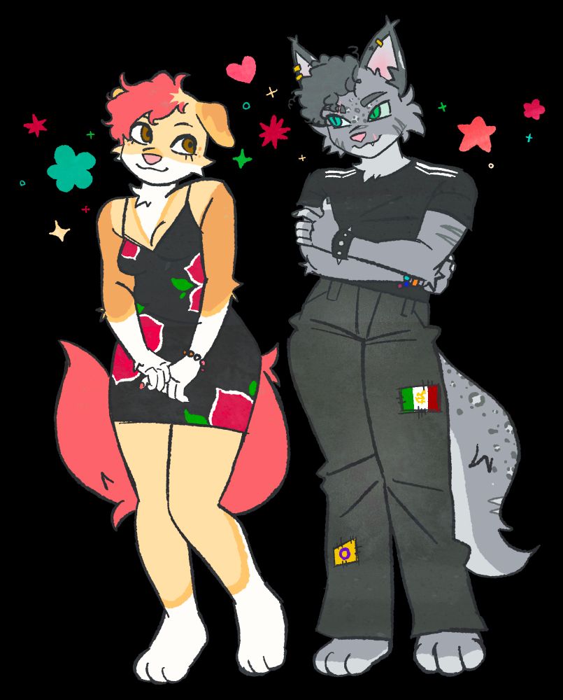 a dog wearing a floral dress shyly look at her cat girlfriend who is crossing his arms and smiling back at her