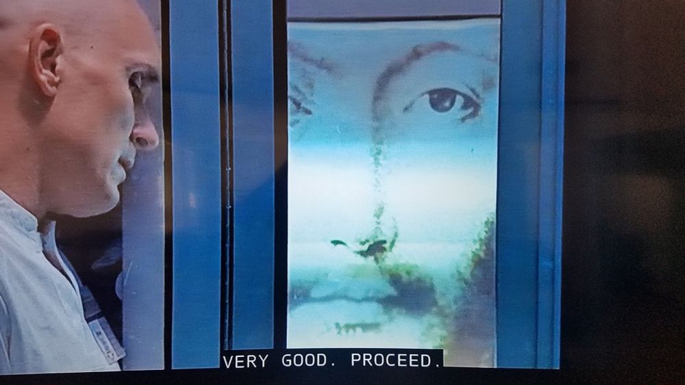 Robert Duvall as THX-1138 spilling his guts to the confessor therapist