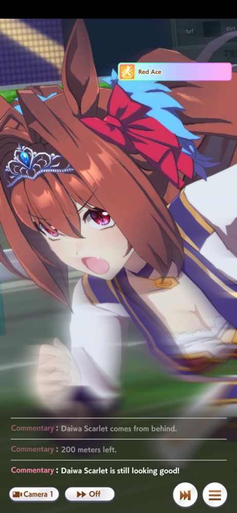 A screenshot of the Usamusume mobile game depicting a race going on, my chosen Musume being Daiwa Scarlet, this time in a close up as she speeds ahead
