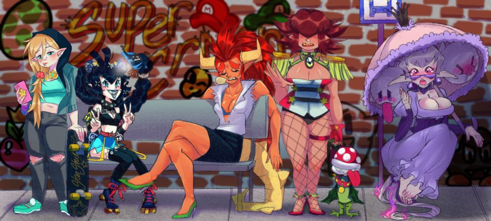 Five supercrown princesses wait at the local
Bus stop . Rosalina , Chompette, Bowser, Pirahna plant with her pet plant and queen boo with her loyal boos 
