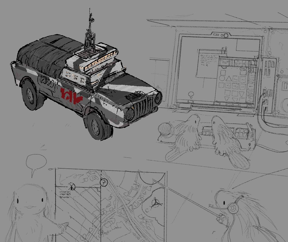 Creatures that look like a cross between a porcubine, a caterpillar, and a beaver operating consoles, and pointing at a map showing a city overlaid with regions of danger. In the top left hand corner is a drawing of a pickup truck that has been modified into something that looks like a large ship, with a rectangular bridge. 