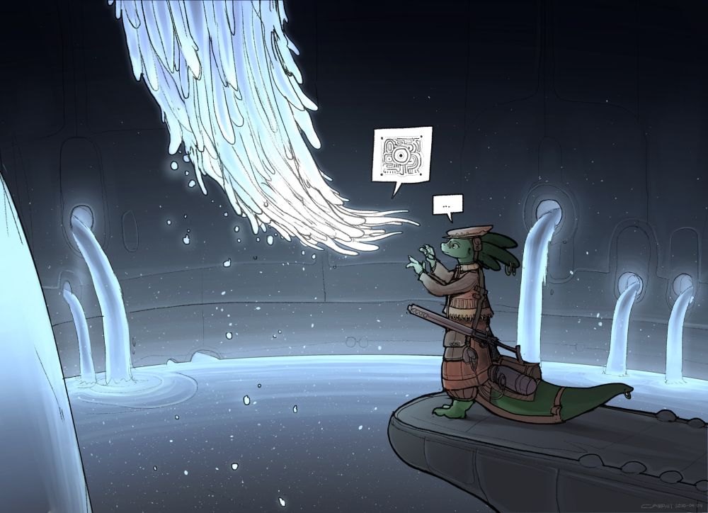 a reptilian creature wearing dark brown clothing stands on a ledge facing a mass of glowing tentacles. the glowing tentacles are "saying" something that looks like an inscrutable QR code. in the background is a pool of glowing liquid fed by waterfalls
