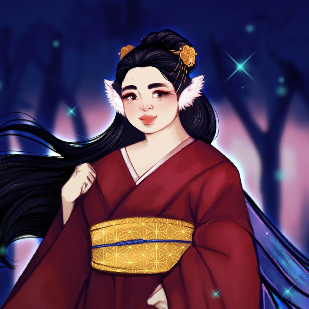 The same image as previous but cropped to better show Kaguya's facial features. She has a round face, brown eyes, a beauty mark above her right eyebrow, and long black hair. On the side of her face are fluffy black and white fox ears.