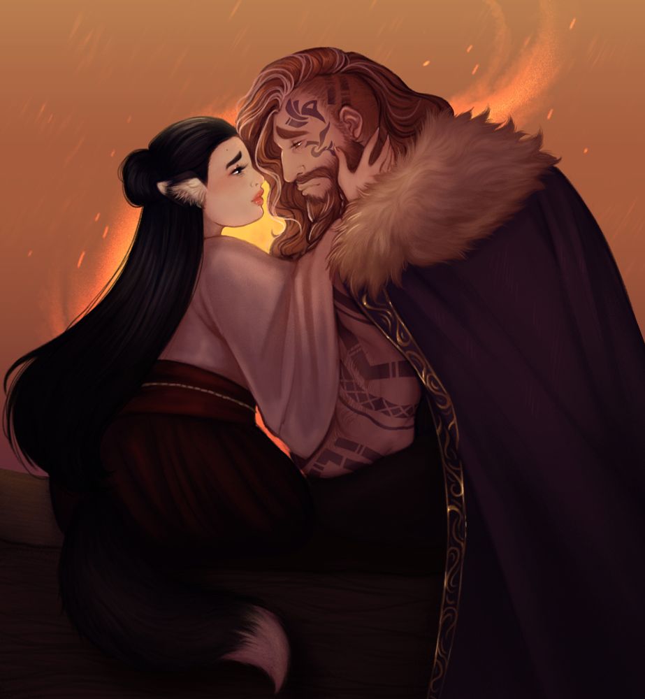 Illustration of Ulbrig from Pathfinder: Wrath of the Righteous and Kaguya, an original character and my Knight Commander. The two are sat side by side, facing each other and Kaguya is gently touching the side of Ulbrig's face.
They are both backlit by a campfire.