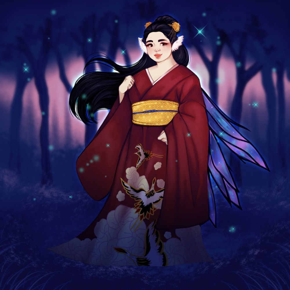Illustration featuring Kaguya, an Original Character and my Pathfinder Wrath of the Righteous Knight Commander. She is a Kitsune Skald on the Azata mythic path.
The illustration depicts her with dragonfly-like wings, wearing a red kimono and golden hairpins. She is standing amid an otherworldly forest glowing in shades of pink and violet, surrounded by sparkles of blue.