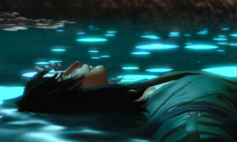Akira floating peacefully in a pool of clear water surrounded by glowing algae.