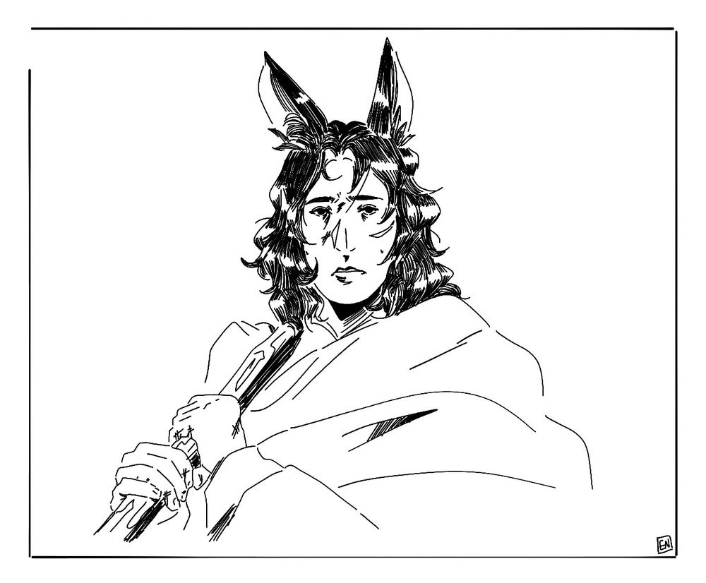 Akira covered in dirt and holding an axe, looking exhausted.