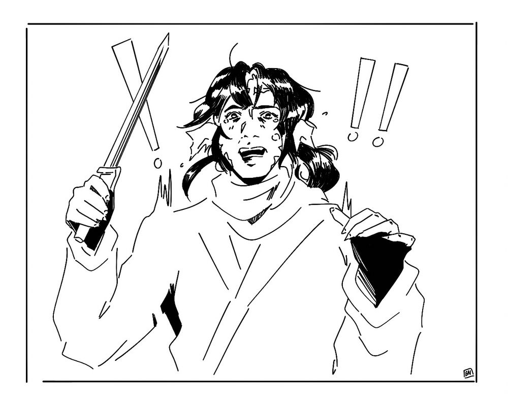 Shabu holding a knife and screaming in surprise (or fear).