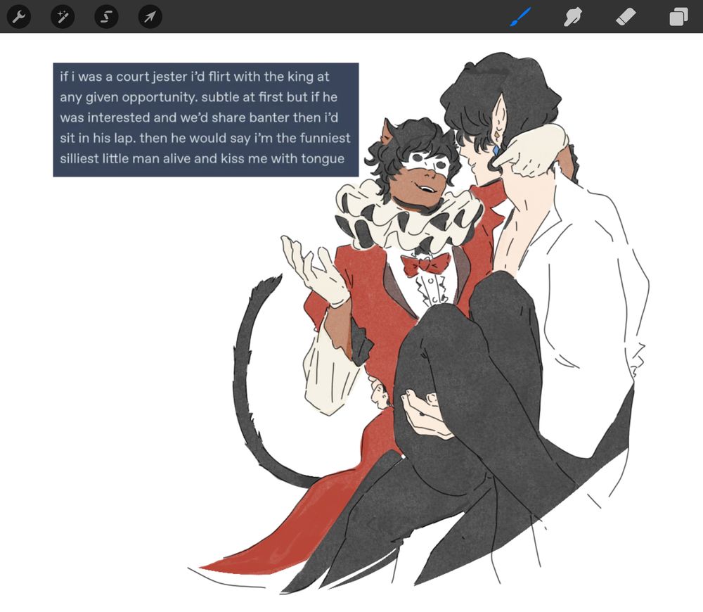 E'zio sitting in Aymeric's lap and twirling his hair with text beside them that reads: if i was a court jester i'd flirt with the king at any given opportunity. subtle at first but if he was interested and we'd share banter then i'd sit in his lap. then he would say i'm the funniest silliest little man alive and kiss me with tongue