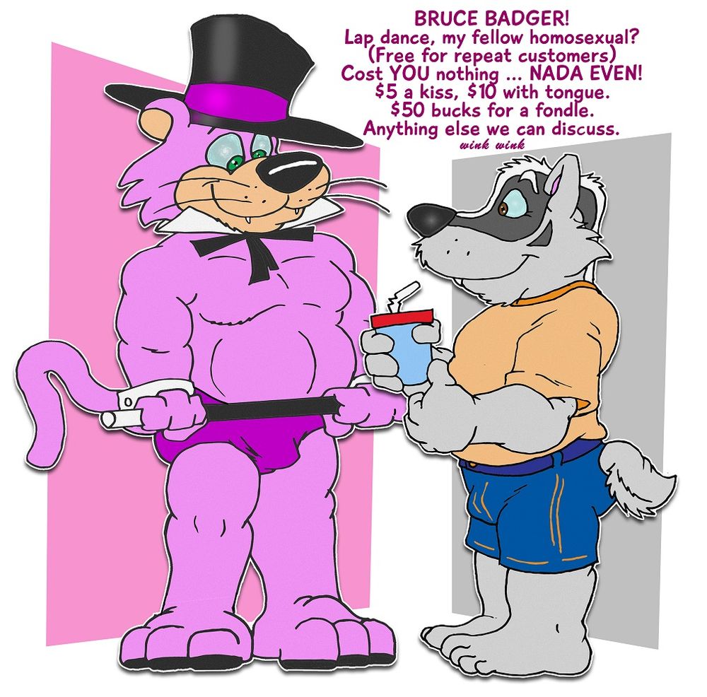Hanna-Barbera's Snagglepuss discussing a business venture with Bruce.