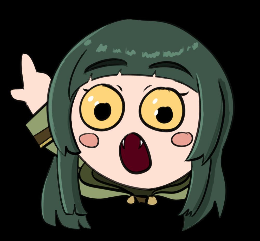 A chibi green haired, hime-cut sporting young lady with snake fangs and yellow eyes is soyjack pointing at something behind her. Her eyes are wide in surprise, and her eyebrows are raised. I hope everyone packed properly for whatever surprise she is pointing out!