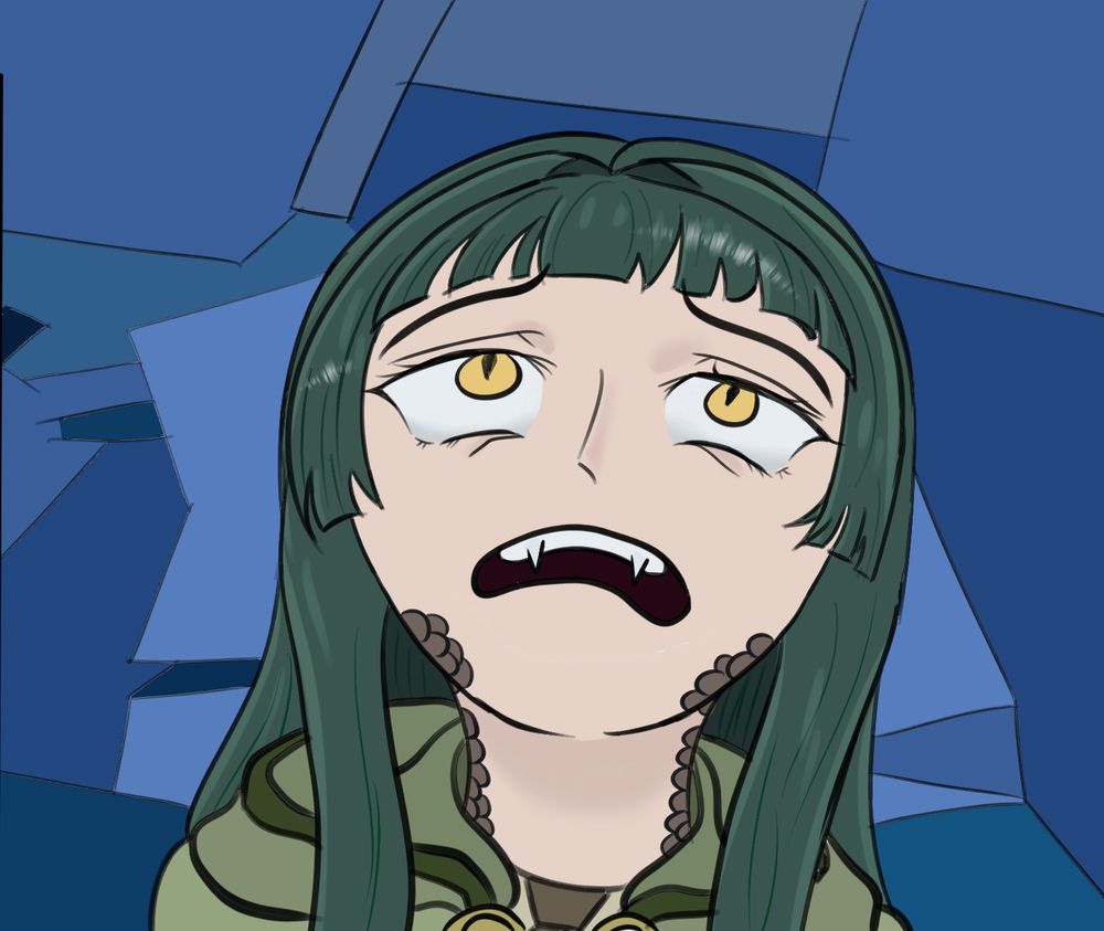 A young girl with small fangs and brown snake scales along her neck and lower face stares up in horror at the sky. What terrifying monstrosity could be causing such dismay in her eyes?