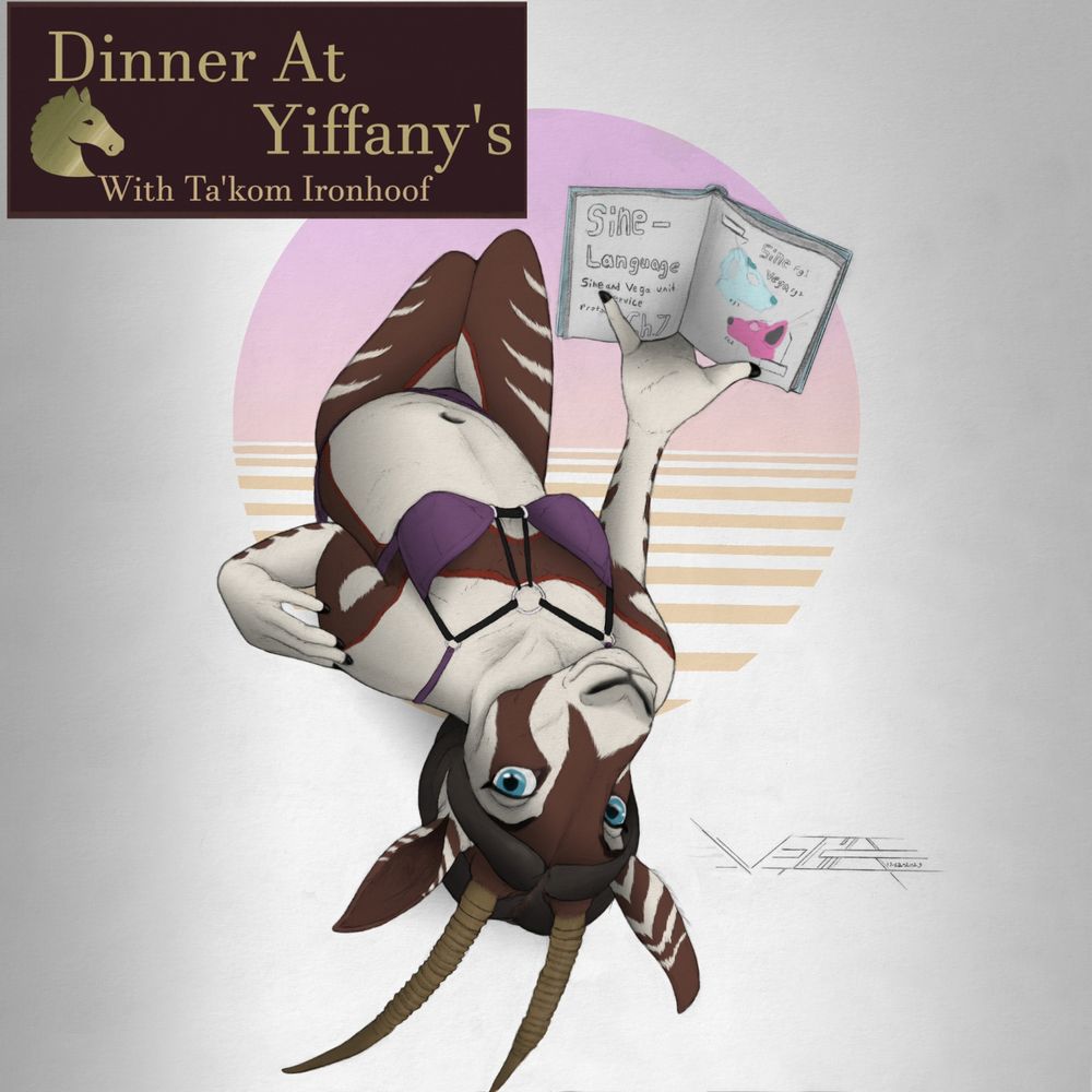 A picture of Sarah, a anthro-gazelle and social media face, in a purple bikini, laying on her back holding a book up. There's a light purple to orange striped gradient in the back ground.