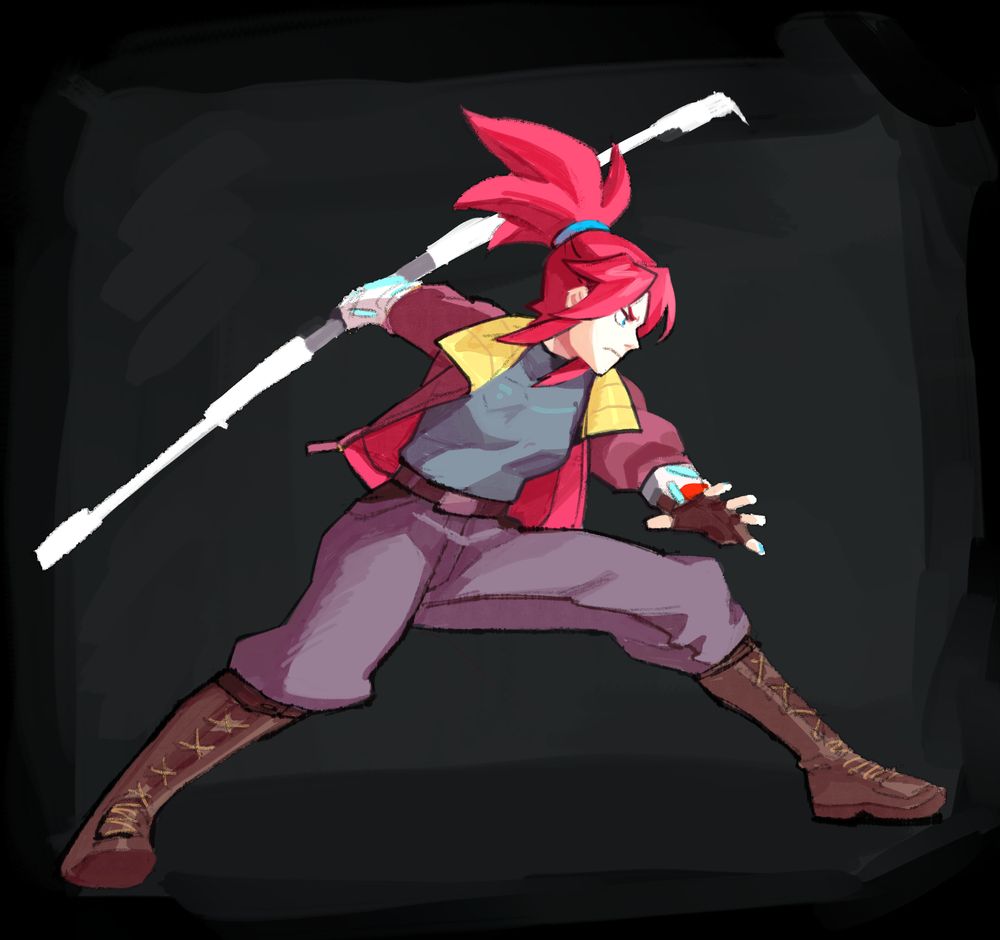 I don't even know what this was inspired by, but I wanted to give her tall boots. Red jacket, navy turtleneck shirt, and dull burgundy pants tucked into brown boots.