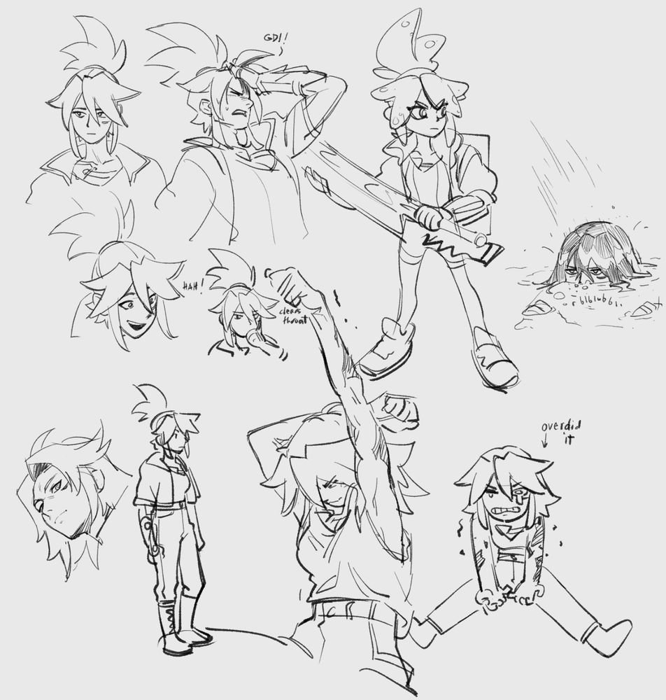 A variety of rough Korsica drawings where she's doing a bunch of stuff--emoting, stretching, half submerged. Also a squid kid version of her.
