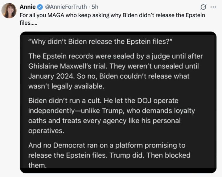The Epstein records were sealed by a judge until after Ghislaine's trial. They were not unsealed until January 2024. 

Trump...ran on a platform promising to release the files. THEN blocked them. 