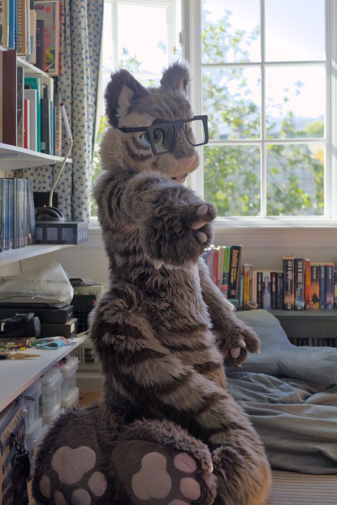 cat fursuiter near jean bag looking back and pointing their paw at YOU
