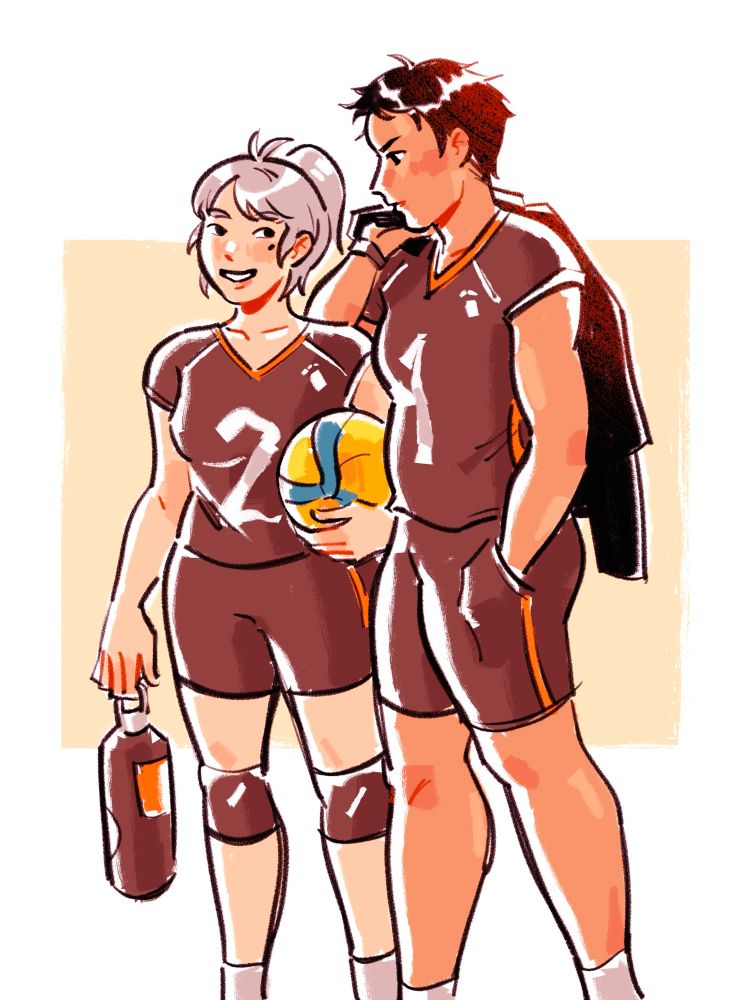suga and daichi as girls. suga is holding her water bottle and a volleyball and is looking up mischievously at daichi