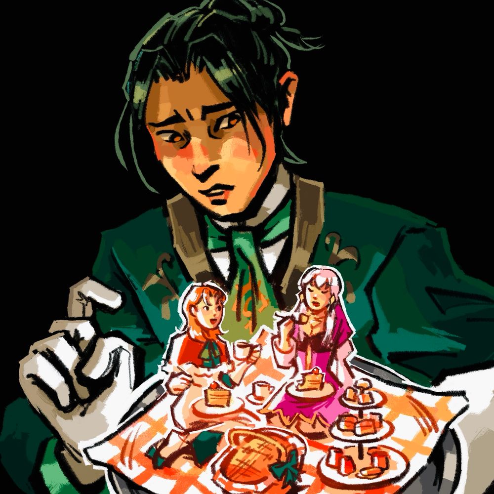 felix in his heroes butler uniform looks apprehensively at the serving platter in his hand, on which a tiny annette and lysithea are enjoying tea and cake