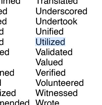 A cropped screen shot of an alphabetical list of active verbs. The word "Utilized" is highlighted.