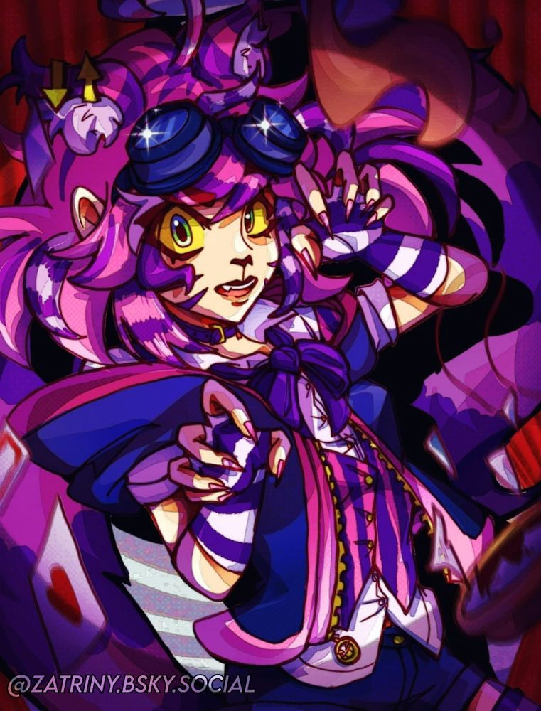 Kiki (oc) fantasiada de gato de Chesire (Alice no país das maravilhas), com luvas listradas e de cabelo rosa também com mechas de cabelo roxo.