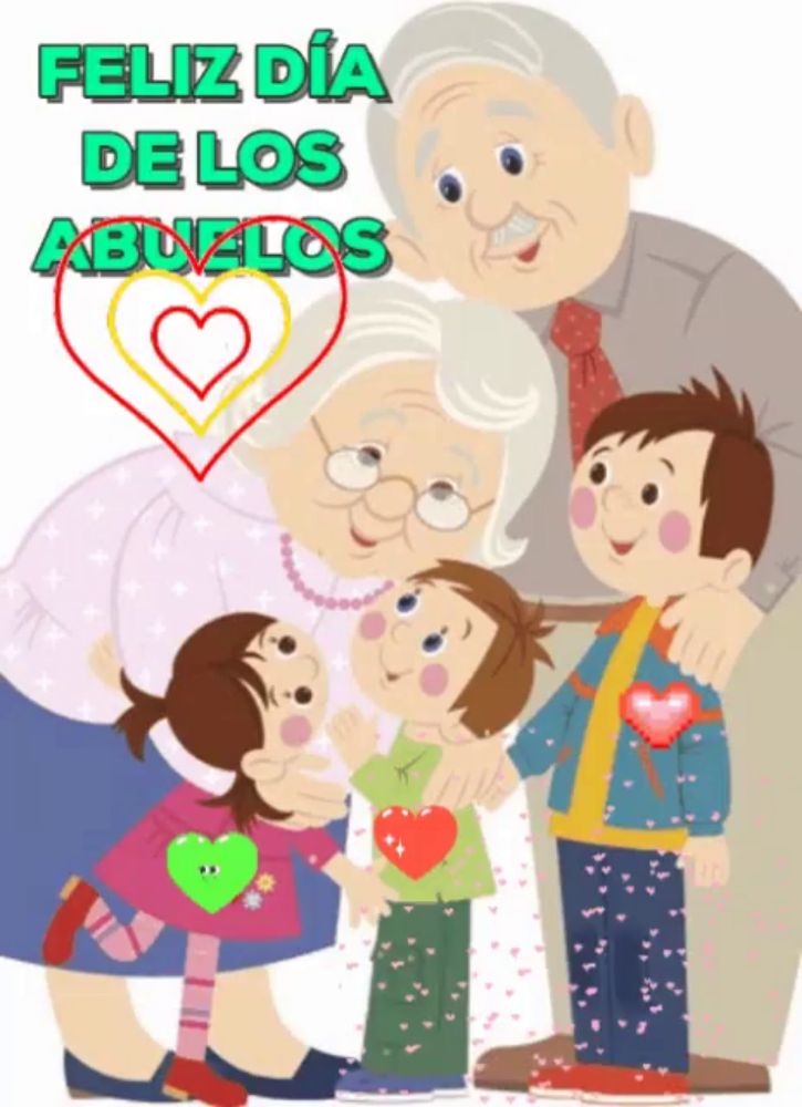 a cartoon illustration of an elderly couple hugging their grandchildren