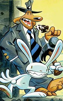 Sam and Max, from the franchise of the same name. Sam (a large, bipedal brown dog in a grey suit and hat) is reclining on a wall while eating an ice cream bar, and Max (a bipedal rabbit-y thing with an egg-shaped head and huge grin) is preparing to hit something with a comically-large hammer.