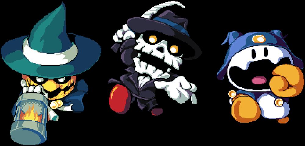 Three sprites of the main characters from Jack Bros. From left to right, there is Jack Lantern, Jack Skelton, and Jack Frost. They are all fully-colored and slightly edited versions of their portrait artwork seen in the game.