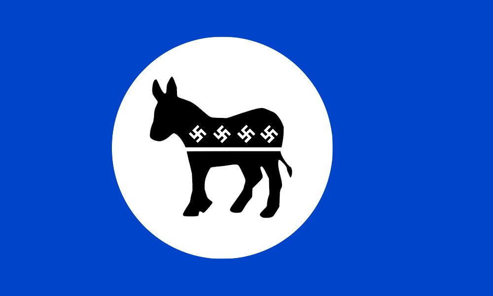 An altered version of the flag of Nazi Germany, with a blue field instead of a red one. A black Democratic donkey sits in the center of a white offcenter circle, with a horizontal line running through the middle of the design and four swastikas replacing the stars that would usually be on it.