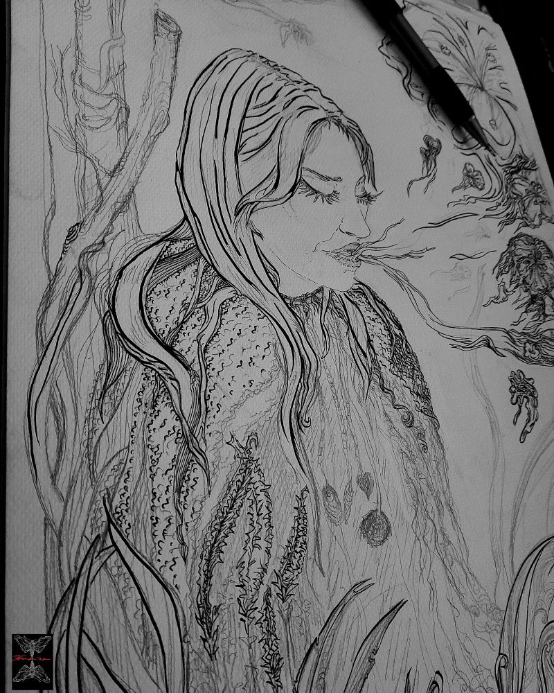 Jeune femme qui fume. Yeux baissés. Branches à l'arrière-plan, feuilles au premier plan. Des coquillages typiquement bretons en pendentif. Peu à peu, les éléments apparaissent malgré moi, naturellement. La composition s'installe, l'équilibre et l'harmonie prennent place, sans moi. Je suis spectatrice du dessin, c'est le sujet qui me commande et qui tient le crayon et la gomme.