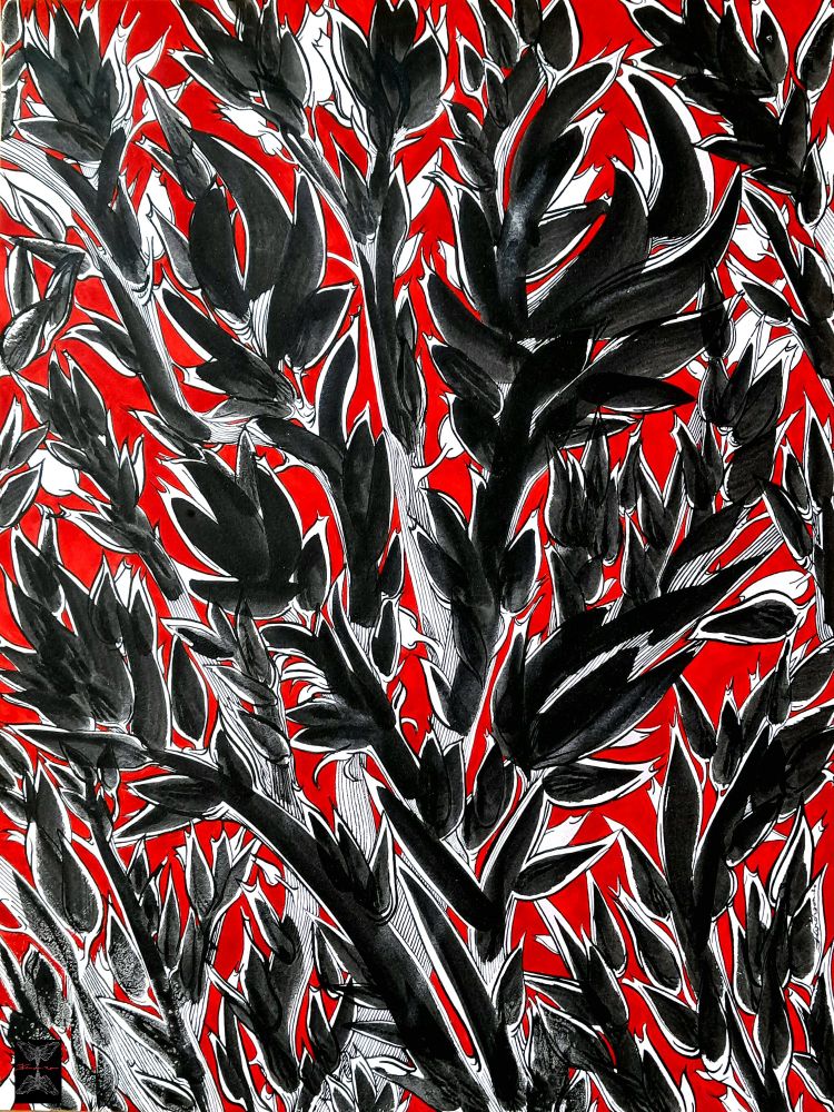 Champ de maïs noir, fond rouge.