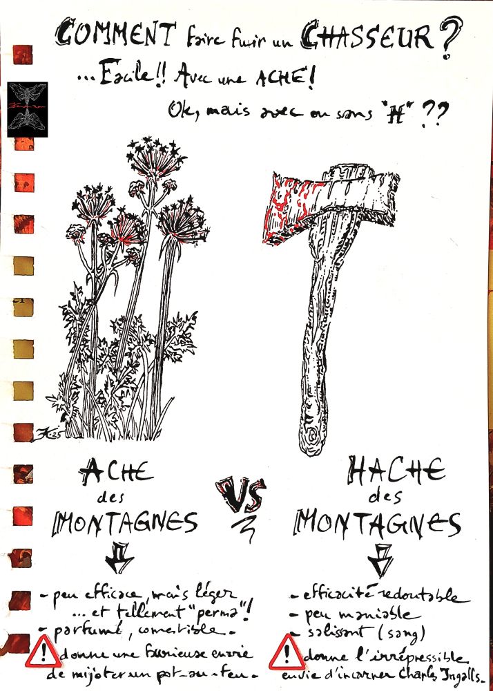 Dessin à l'encre de Chine représentant une plante aromatique à gauche et une hache à droite. 
<<Comment faire fuir un chasseur ? Facile ! Avec une ache... mais avec ou sans H ?
Ache des montagnes Versus Hache des montagnes. >>