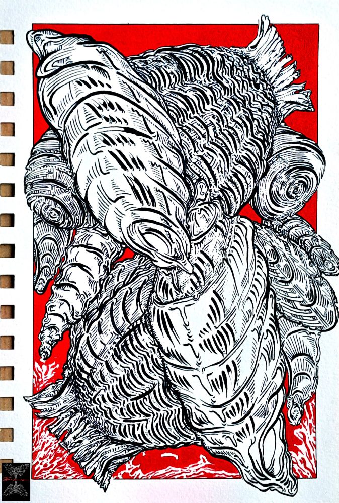 Dessin à l'encre de Chine représentant des coquillages stylisés superposés. Fond rouge vif. Moules, praires, bulots... On pourrait penser que du sang blanc s'échappe des coquillages pointus, en bas du dessin. 