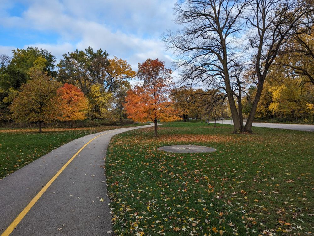 A view of the North Branch Trail in Chicago, showing fall colors