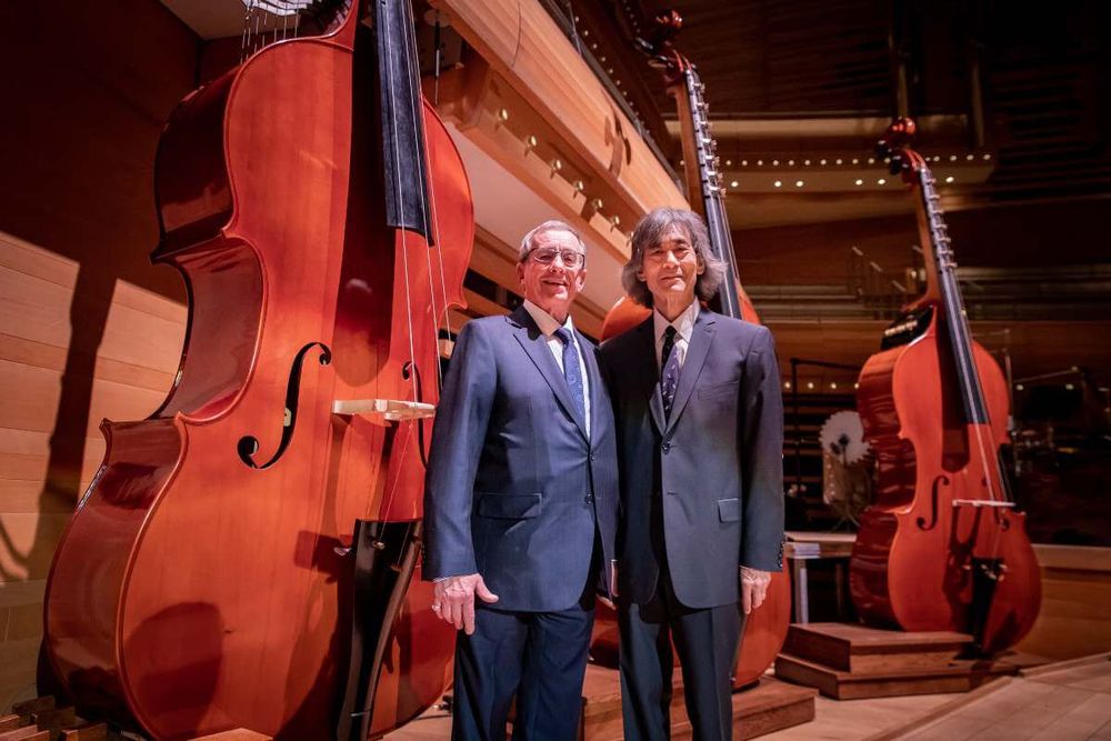 The three octobasses of the Montreal orchestra, lined up on stage