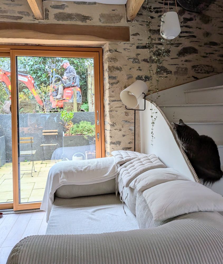 Photo de notre salon. Derrière la baie vitrée un peu plus loin dans le jardin on voit une personne sur une mini-pelle orange. Pintig est perché dans l'escalier et surveille la scène avec consternation