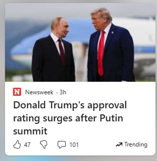 "Donald Trump's approval rating surges after Putin summit" headline