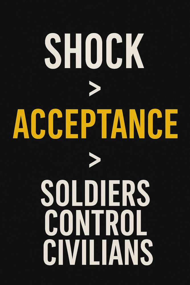 Minimalist poster with the words “SHOCK > ACCEPTANCE > SOLDIERS CONTROL CIVILIANS” in bold white and yellow text on a black background, showing a progression from public shock to military control.