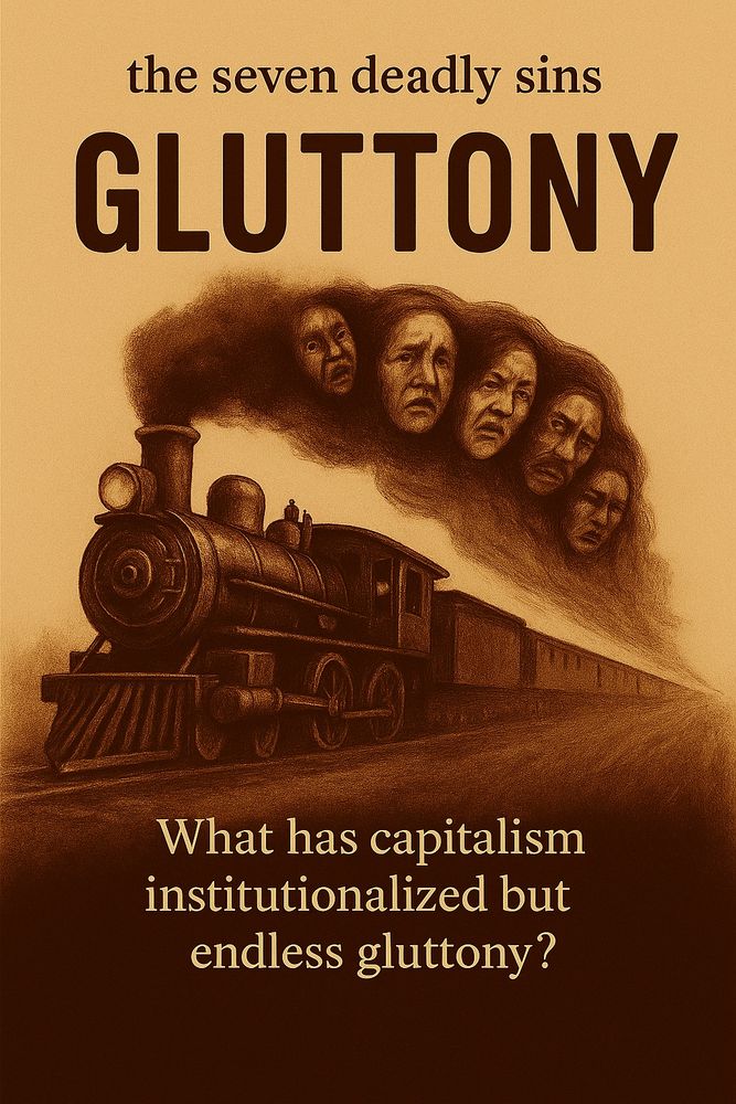 A sepia-toned illustration of a roaring steam locomotive barreling forward. Its smokestack pours out dark clouds shaped like tortured human faces—Black, Native, Asian, and others—symbolizing the lives consumed by greed. At the top, the words read: the seven deadly sins: GLUTTONY. What has capitalism institutionalized but endless gluttony. 