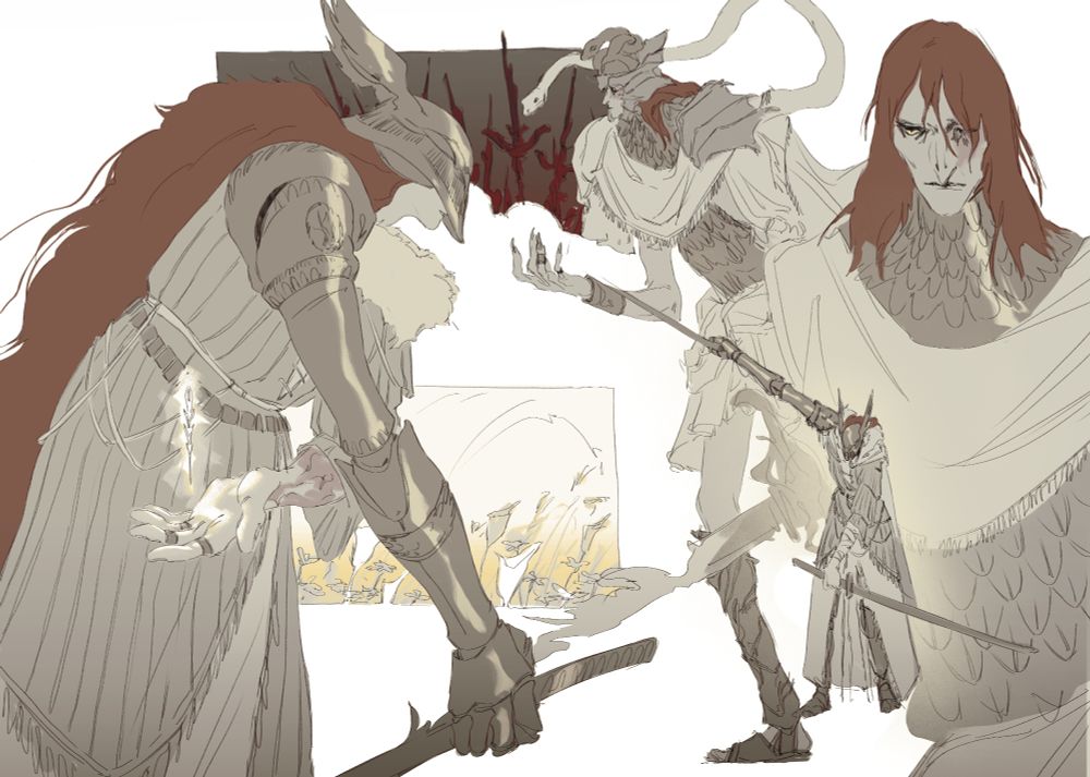 Composition of sketches of Malenia and Messmer from Elden Ring