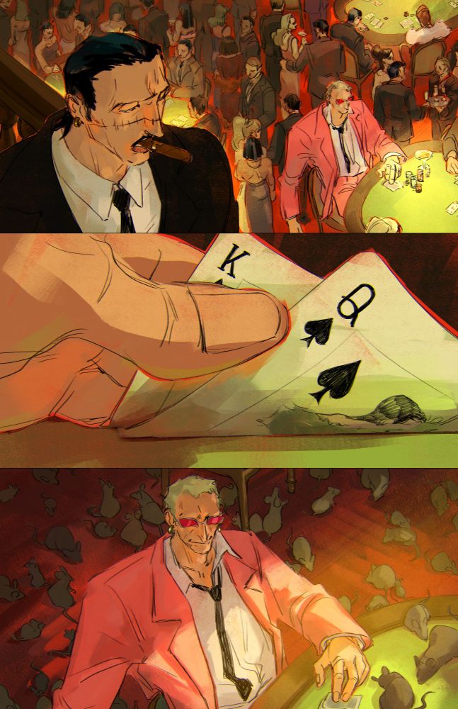 Scene of 3 panels, with Crocodile and Doflamingo from One Piece. Panel 1 shows Crocodile looking down at Doflamingo, playing in a crowded casino. Panel 2 is a close-up on Doflamingo's hand, with 2 cards : a King and a Queen. Panel 3 shows Doflamingo looking up in the direction of Crocodile, all the patrons of the casino have turned into rats.