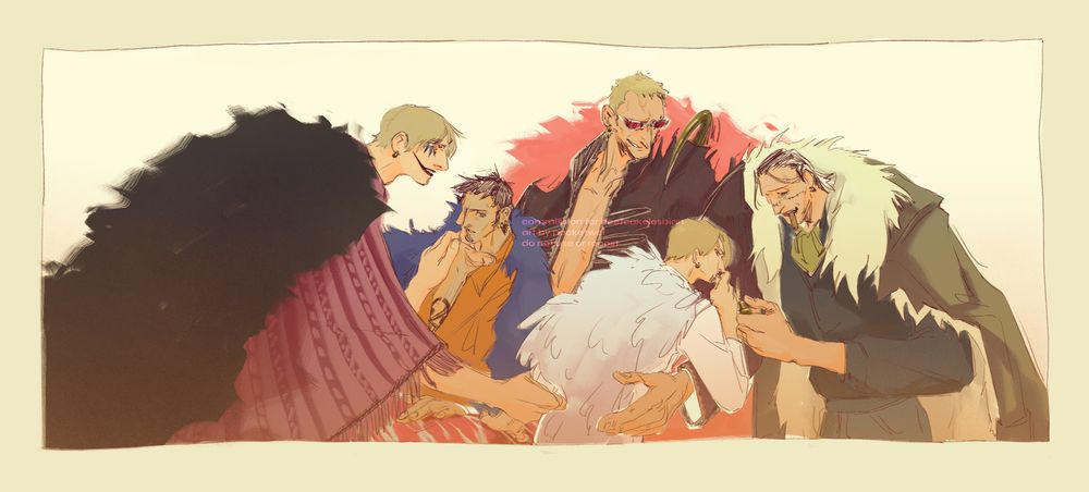 Illustration showing, from left to right, Rosinante, Law, Doflamingo, Sanji and Crocodile, from One Piece. They all harbour furcoats of different colours. Sanji is the center of the attention.