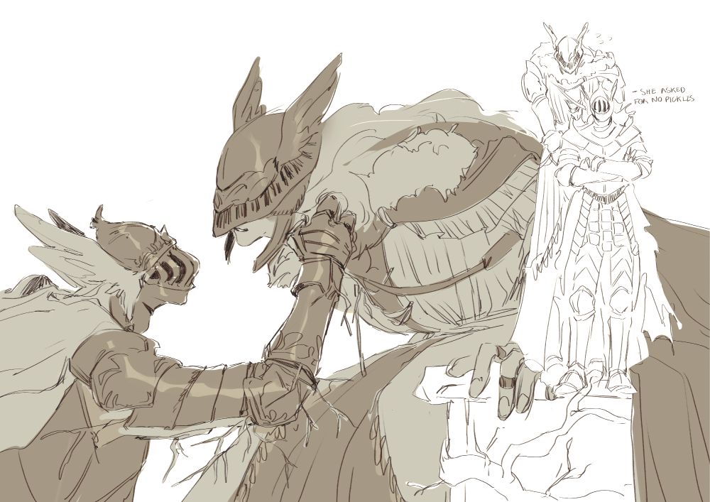 Sketches of Finlay and Malenia from Elden Ring. Finlay is shown extending her hand towards Malenia's face, while Malenia is leaning forward towards Finlay.