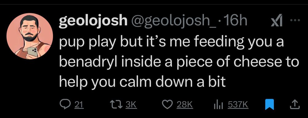 Tweet says Pup play but it's me feeding you a Benadryl inside a piece of cheese to help you calm down a bit. Aka it's Jayce given the cheese 