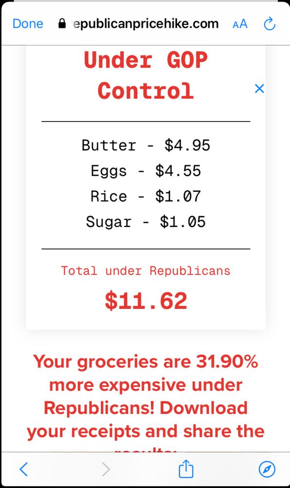 prices under Trump for butter, eggs, rice and sugar equals $$11.62 which shows a 31.9% increase