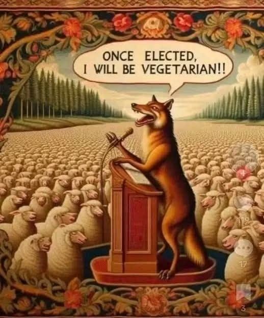 There is a wolf at a podium in front of thousands of sheep promising to become a vegetarian once elected.
