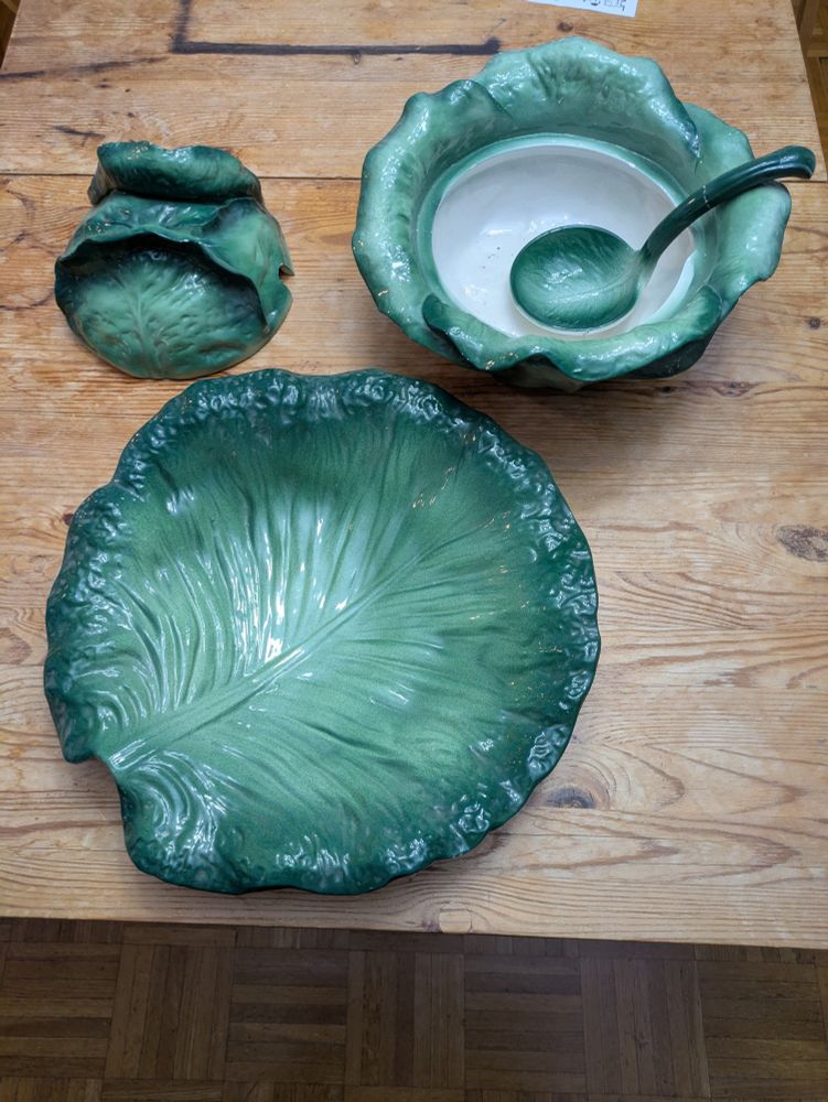 My lettuce-themed soup and salad set, expanded to show the salad dish (a large ceramic lettuce leaf) and the lettuce-styled soup bowl and ladle