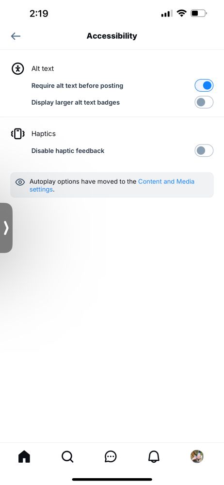 Screenshot of the accessibility section of the settings for my Bluesky account. Showing that the require ALT text tab is toggled to on